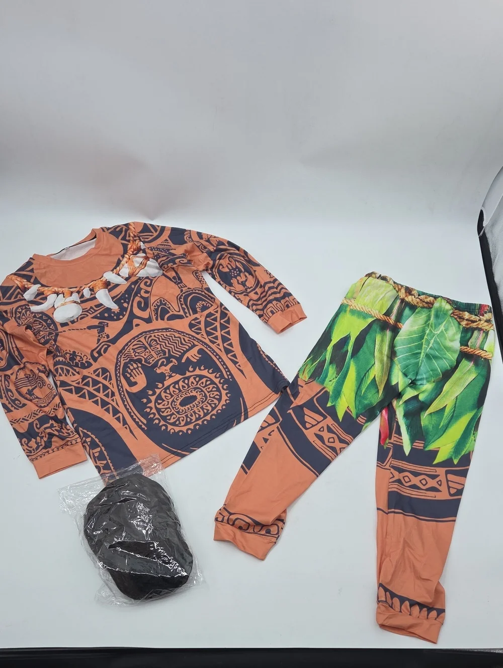Maui Kids Brown & Green Tribal Leaf Superhero Costume with Wig
